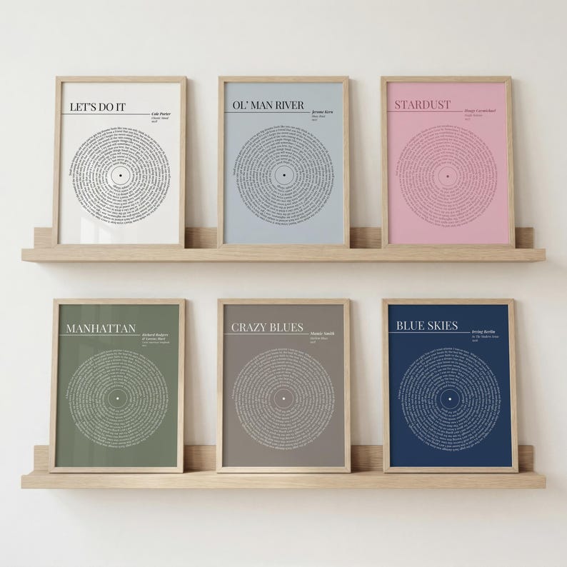 K&ouml;nnte beinhalten: Sechs gerahmte Kunstdrucke mit Songtexten in kreisf&ouml;rmigem Design, die Schallplatten imitieren. Die Drucke sind in Pastellt&ouml;nen gehalten: Wei&szlig;, Hellblau, Rosa, Gr&uuml;n, Grau und Marineblau. Jeder Druck enth&auml;lt einen Titel und den Namen des K&uuml;nstlers. Die Rahmen sind aus hellem Holz und werden auf einem Holzregal ausgestellt.