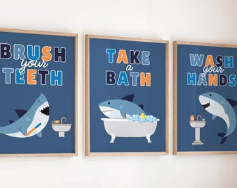 Shark Bathroom Art Prints Set: Kids Hygiene Decor (8x10 & 11x14)