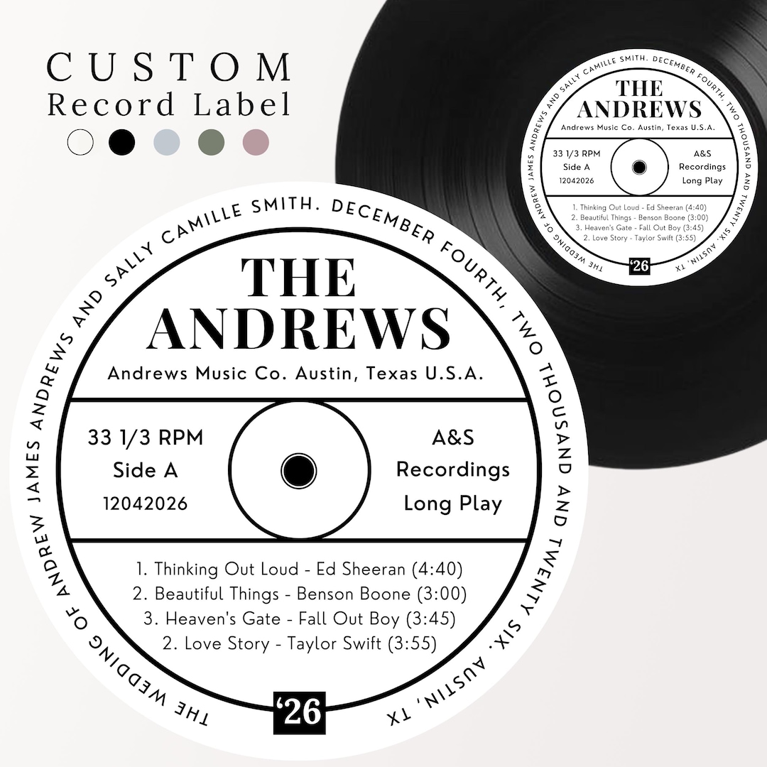 Sticker On Inner Record Label Custom Label for 12 Inch Vinyl Record, Bold Text Personalized Matte ...