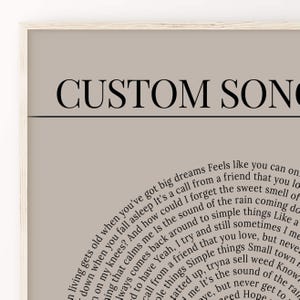 K&ouml;nnte beinhalten: Gerahmter Druck mit dem Text "CUSTOM SONG" in Schwarz oben. Darunter sind Liedtexte in einem halbkreisf&ouml;rmigen Design angeordnet. Der Hintergrund ist ein neutrales Beige, was eine schlichte &Auml;sthetik erzeugt.