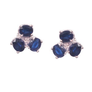 925 Sterling Silver Three-Stone Stud Earrings for Women with Blue Sapphire, Red Ruby & Natural Diamonds | Oval Cut, Prong Set | Nickel-Free