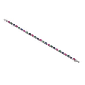 925 Sterling Silver Vibrant Multi-Gemstone Tennis Bracelet Red Ruby, Green Emerald, Blue Sapphire, and White Zircon Oval-Cut Stone Jewelry