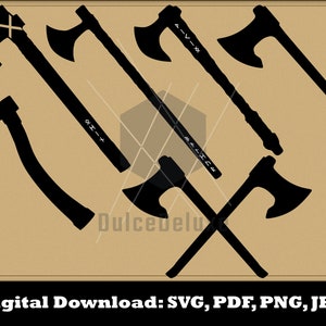May include: Five black silhouette axe designs with different shapes and sizes. The axes are arranged in a criss-cross pattern. The text "Digital Download: SVG, PDF, PNG, JPG" is at the bottom of the image.