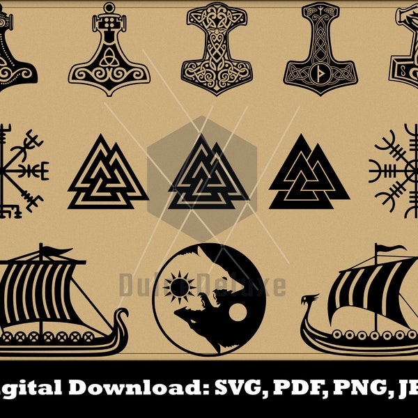 Viking Symbols SVG Bundle - Mjolnir Vegvisir Valknut Aegishjalmur Helm of Awe Viking Ship Viking Clipart - Vector Instant Download Glowforge