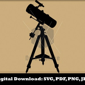 Könnte beinhalten: Schwarze Silhouette eines Teleskops auf einem Stativ. Digitaler Download: SVG, PDF, PNG, JPG