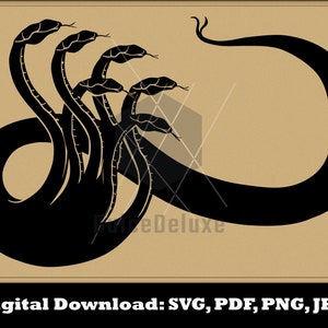 Puede incluir: Silueta negra de una mítica hidra con cinco cabezas y una larga cola enroscada. La hidra es una serpiente de múltiples cabezas de la mitología griega.