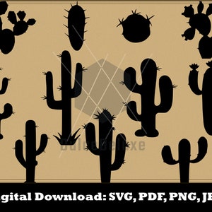 May include: A set of nine black silhouette cactus illustrations. The cacti are in various shapes and sizes, including a prickly pear cactus, a saguaro cactus, and a barrel cactus.