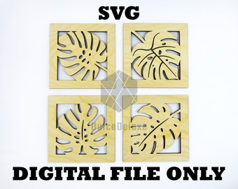 Monstera Leaves Coaster SVG Cut Files - Instant Download, Vector, Laser Cutter, Glowforge, Cricut, Silhouette, Art, Leaf