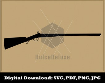 May include: Black silhouette of a vintage style rifle with a wooden stock. The image is on a brown background with the text "DulceDeluxe" and "Digital Download: SVG, PDF, PNG, JPG" at the bottom.