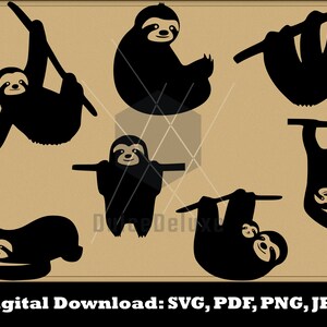 May include: A set of six black silhouette images of sloths in various poses. The sloths are hanging from branches, sleeping, and sitting.