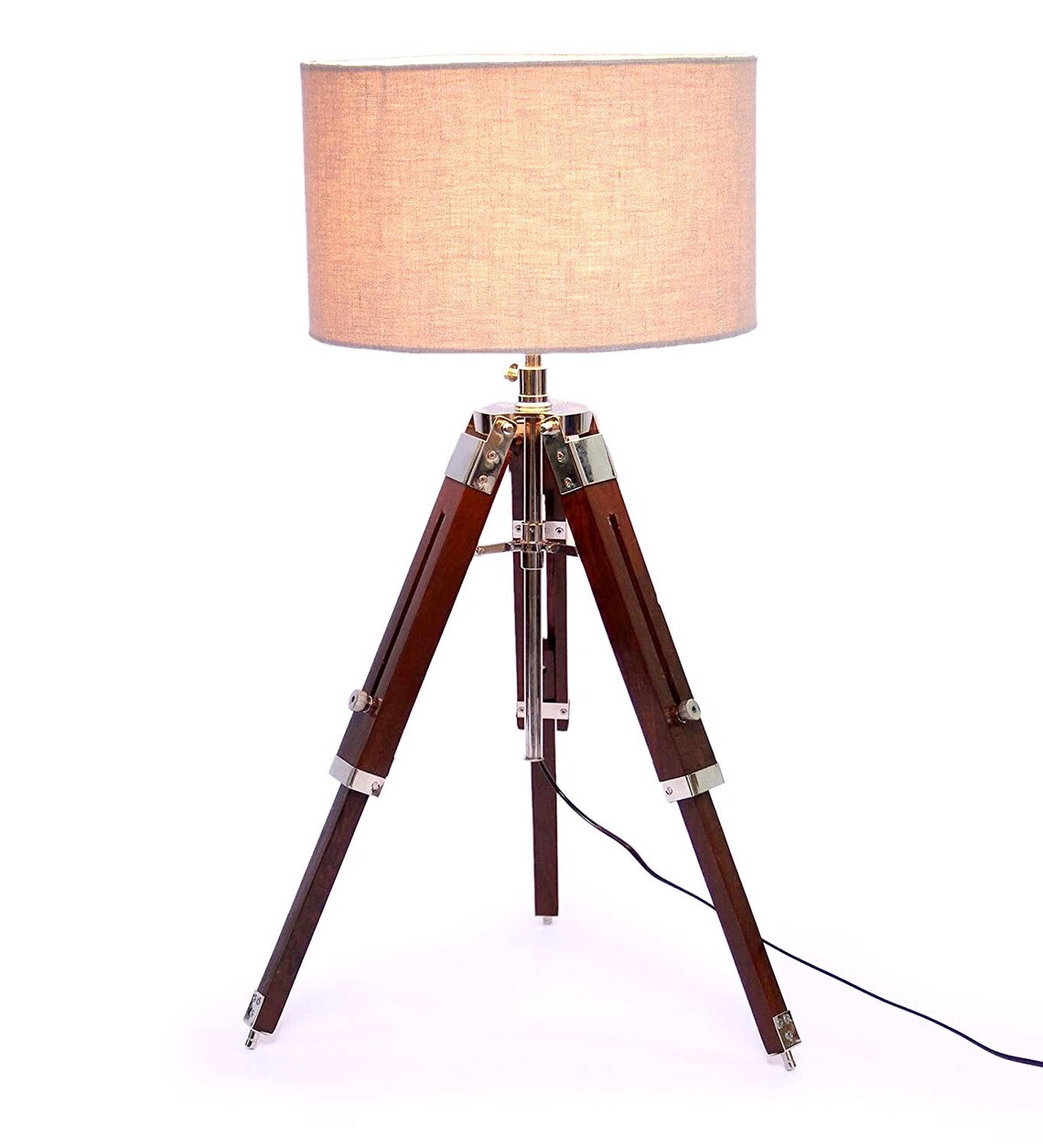 Wooden Table Lamp Stand Nautical Chrome Tripod Light Shade Etsy