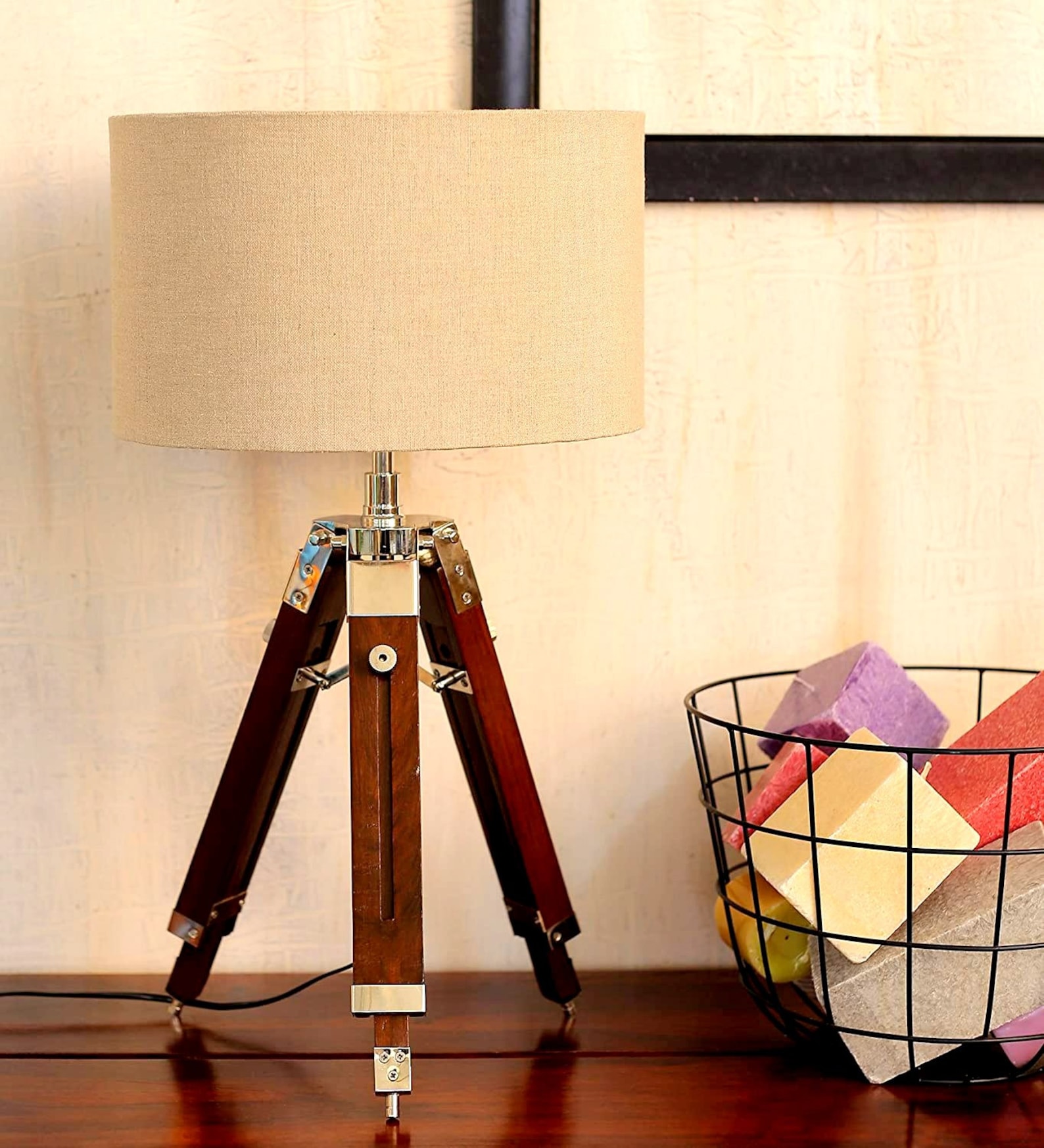 Wooden Table Lamp Stand Nautical Chrome Tripod Light Shade Etsy