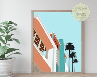 Miami South Beach Architecture, Modern Tropical Home Decor, Deco Illustration Art Print, Instant Digital Download - AR100