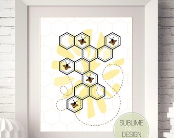 Honeycomb with Bees Wall Art Print, Geometric Hexagon Print, Nature Wall Art, Instant Digital Download - AN100