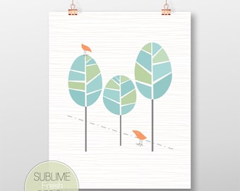 Mid Century Modern Inspired Tree & Bird Poster, Minimalist Art Digital Download Print - MCM105