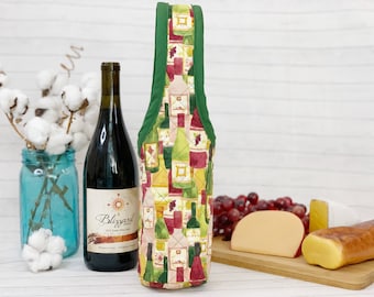 Fabric Wine Bottle Tote, Quilted Wine Tote Bag, Wine Bottle Carrier, Wedding Gift for Wine Lovers, Wine Enthusiast Gift, Wine Themed Gifts