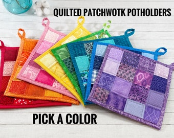 Quilted Pot Holders Handmade, Colorful Pot Holder, Hot Pad for the Kitchen Quilted, Fabric Potholder, Patchwork Potholder, Kitchen Essential