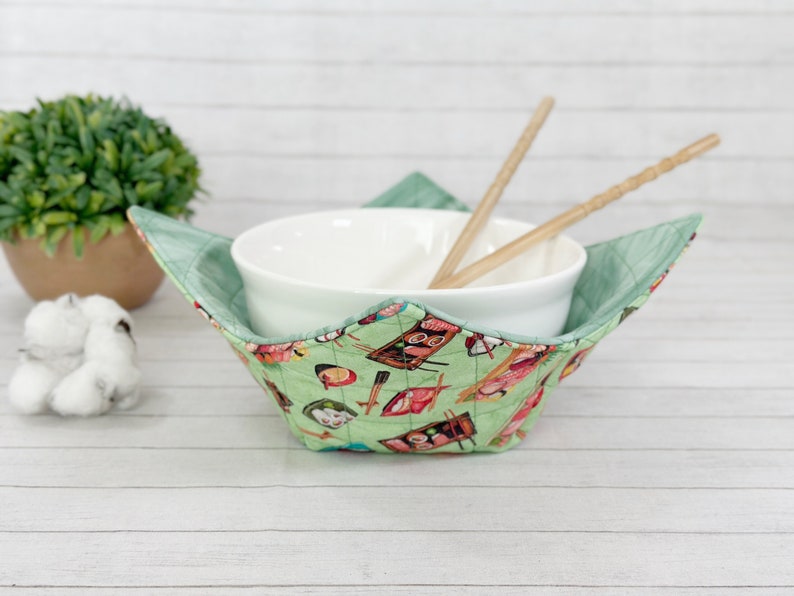 Microwave Bowl Cozy, Bowl Hot Pad, Soup Bowl Holder, College Dorm Gift, Dorm Room Essentials, College Student Gift, Sushi Fabric, Reversible image 1