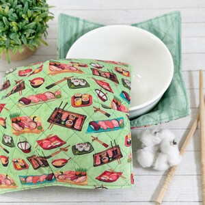 Microwave Bowl Cozy, Bowl Hot Pad, Soup Bowl Holder, College Dorm Gift, Dorm Room Essentials, College Student Gift, Sushi Fabric, Reversible image 3