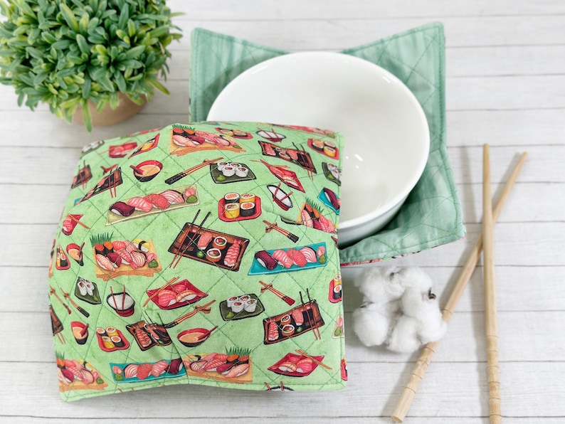 Microwave Bowl Cozy, Bowl Hot Pad, Soup Bowl Holder, College Dorm Gift, Dorm Room Essentials, College Student Gift, Sushi Fabric, Reversible image 3