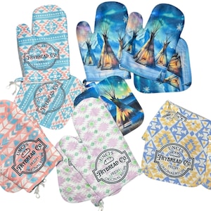 May include: Set of eight colorful oven mitts with a geometric pattern and a logo that reads "Unci's Frybread Co. Fresh - Original Recipe".