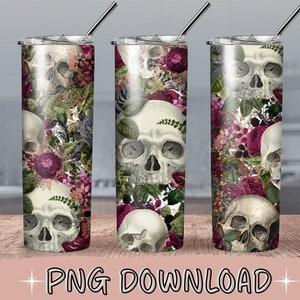 Skulls And Flowers 20oz Skinny Tumbler Design PNG Download