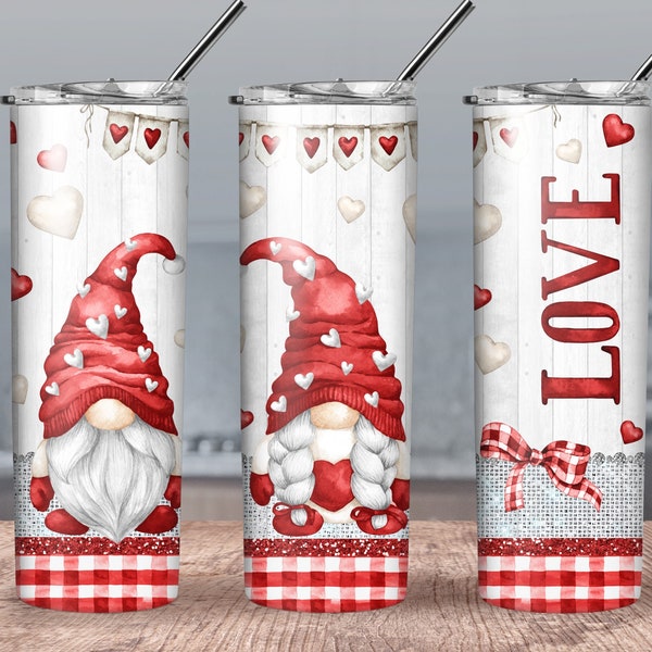 Red Valentine Gnomes 20oz Tumbler Wrap PNG Download