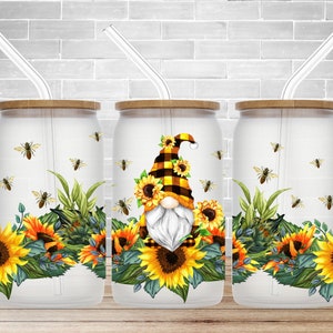 16oz Glass Can Wrap Gnome And Sunflowers Bees Digital Download