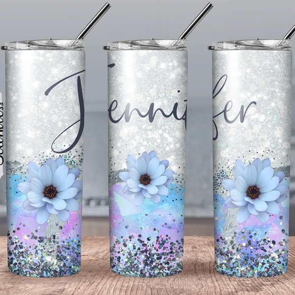 Add Your Name/Text  Tumbler 20oz PNG Design Wrap Floral Glitter