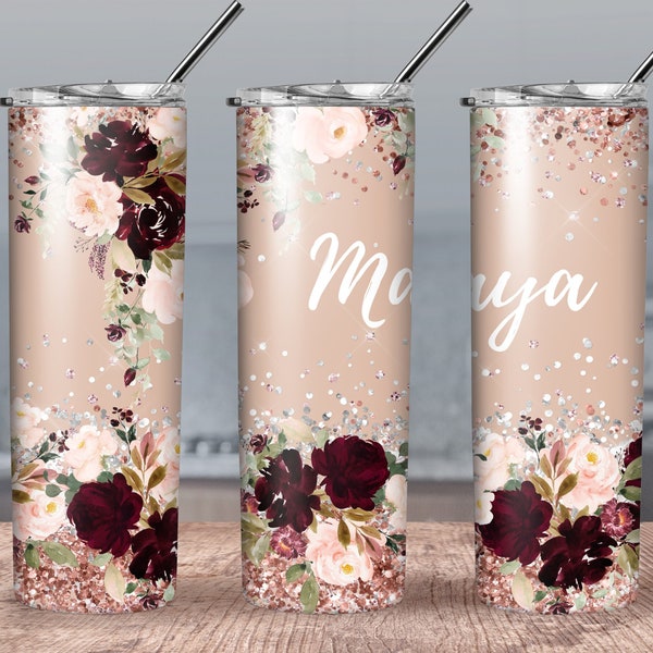 Burgundy Floral 20oz Tumbler Wrap PNG Seamless Design,Add Your Name/Text