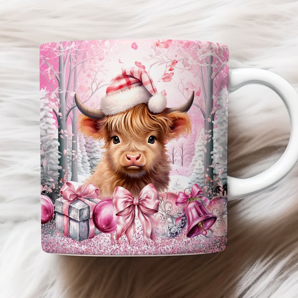 Pink Christmas Baby Highland Cow 11 Oz & 15 Oz Mug Wrap
