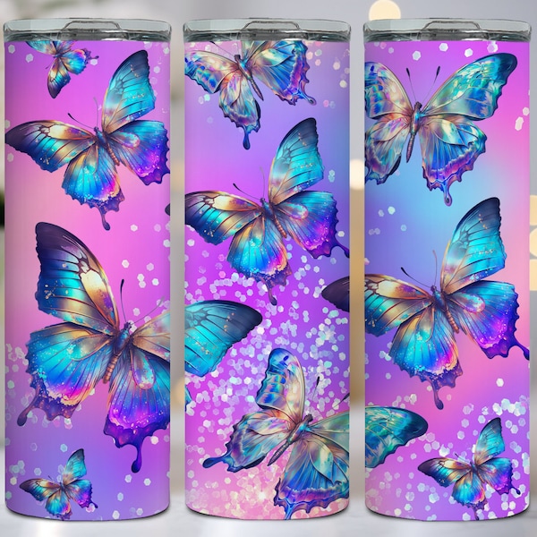 Colorful Holographic Butterflies 20 oz Tumbler Wrap Sublimation Design