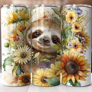 Cute Sloth Floral Sunflowers 20 oz Tumbler Wrap