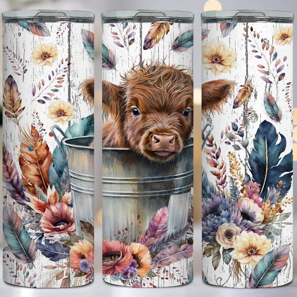 Baby Highland Cow In a Bucket 20 oz Tumbler Wrap Boho Flowers