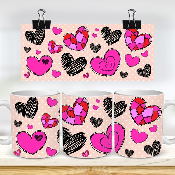 11 oz Mug Wrap Pink and Black Hearts Valentine's Mug Design