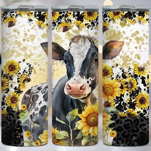 Cow 20 oz Tumbler Wrap - Sunflowers Cowhide - Tumbler Sublimation Design