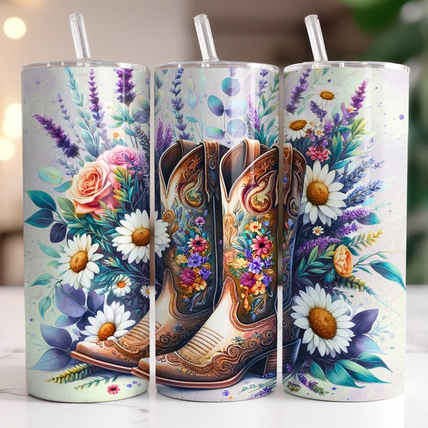 Cowgirl Boots Tumbler Wrap Floral - 20 Oz Skinny Tumbler Wrap Sublimation Design Digital Download