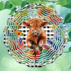 Baby Highland Cow Floral Plaid Wind Spinner Design