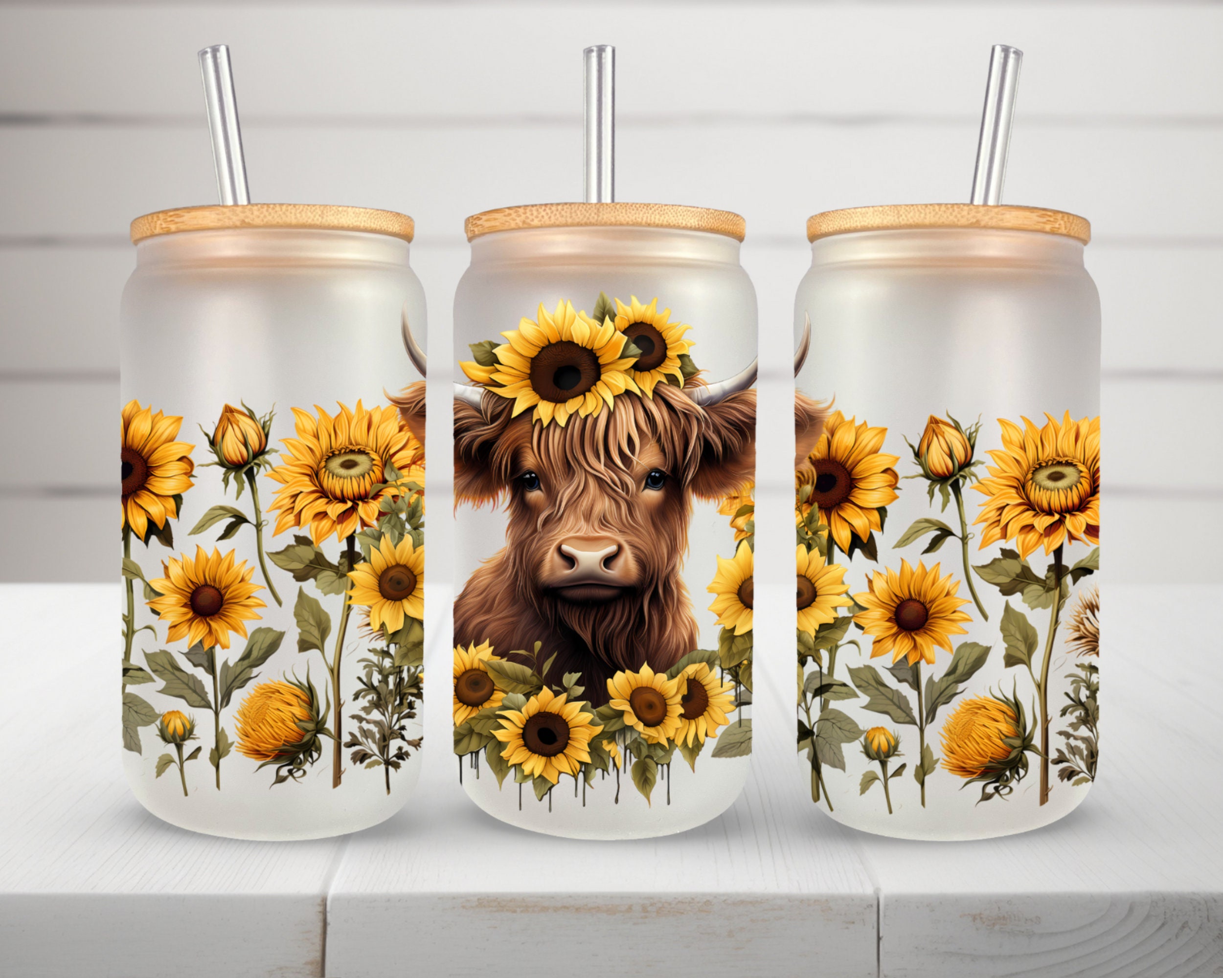 Cow glass tumbler with bamboo lid, straw and sunflower straw topper