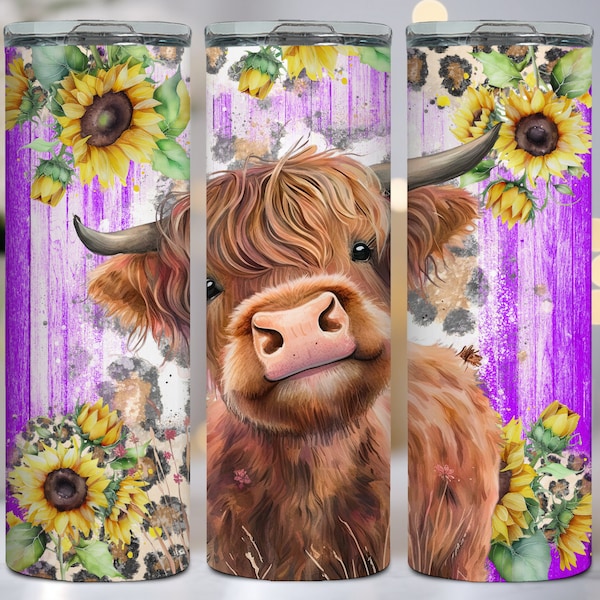 20 oz Tumbler Wrap Highland Cow Purple Wood With Sunflowers