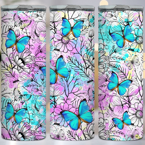 Blue Butterflies Floral 20oz Tumbler Wrap Digital Download