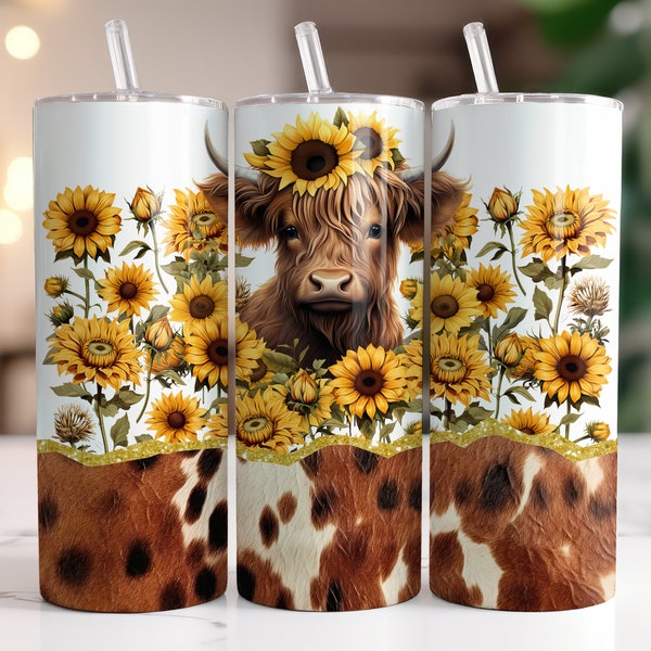 Highland Cow Sunflowers Cowhide 20 Oz Tumbler sublimation PNG Digital Download