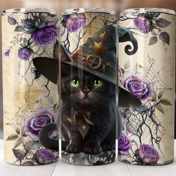Cute Halloween Cat Purple Vintage Roses 20 oz Tumbler Wrap
