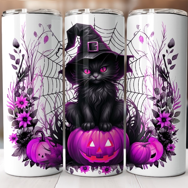 20 Oz Tumbler Wrap Halloween Black Cat Pink Pumpkins Digital Download