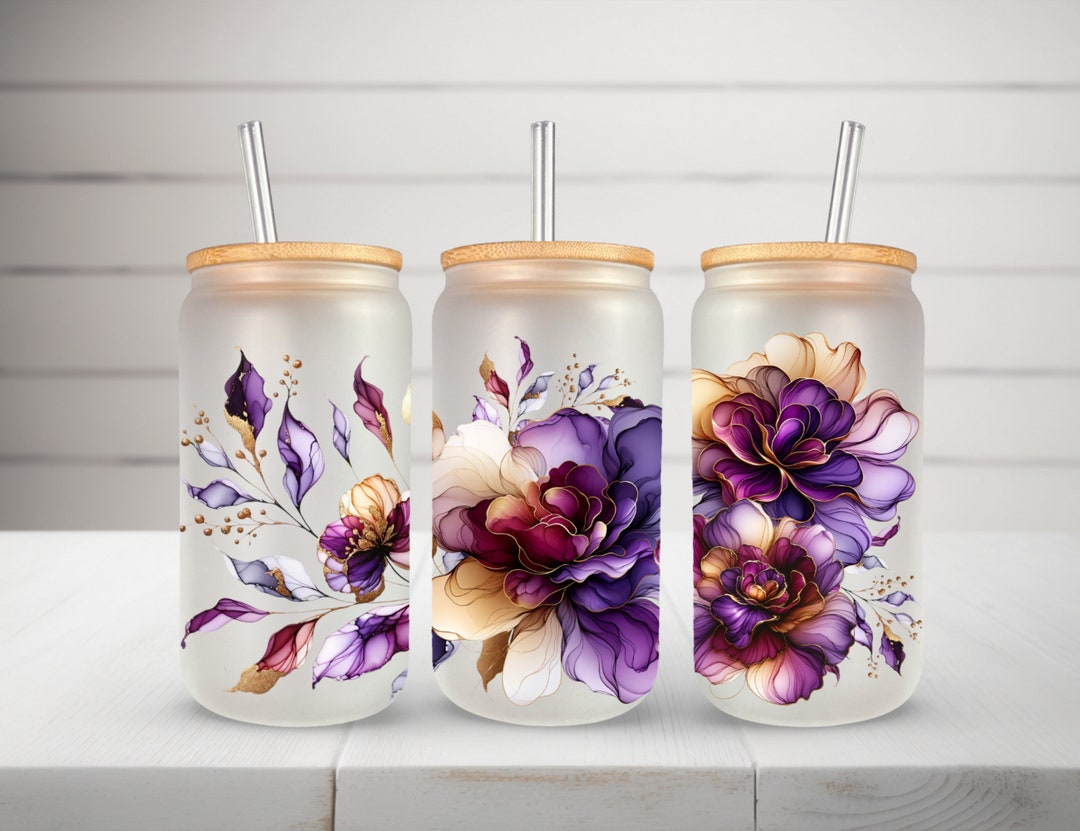 16 Oz Libbey Glass Can Alcohol Ink Floral Purple Wrap - Etsy