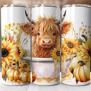 Fall Tumbler Wrap - Baby Highland Cow Sunflowers Pumpkins 20 oz Tumbler Design