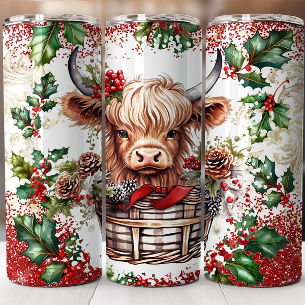 Baby Highland Cow In a Basket 20 Oz Tumbler Christmas Sublimation Design