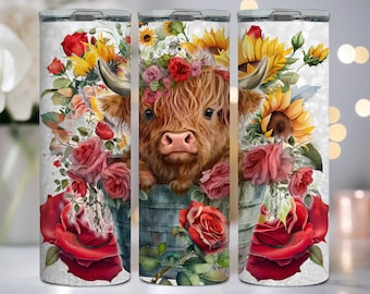 Baby Highland Cow In a Bucket With red Roses and Sunflowers - 20 oz Tumbler Wrap