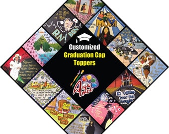 May include: A collage of 12 different graduation cap toppers, each with a unique design. The toppers are painted with various colors and feature different themes, including a graduation cap with a nurse's hat, a graduation cap with a truck, and a graduation cap with a Japanese temple. The text "Customized Graduation Cap Toppers" is in the center of the collage.