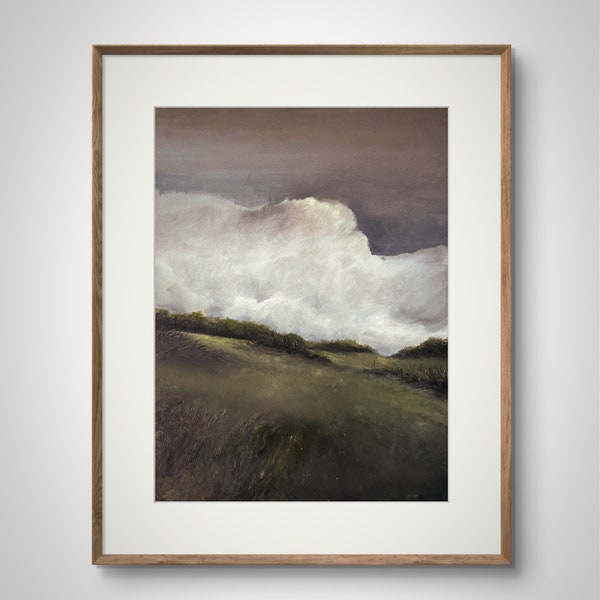 Wolken op de heuvel - olieverfschilderij van het landschap - Vintage Art Print